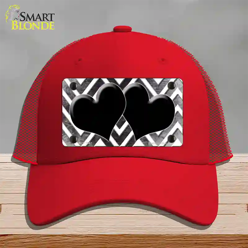 Black White Hearts Chevron Oil Rubbed Novelty License Plate Hat Mesh / Red