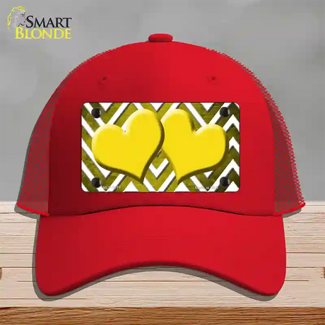 Yellow White Hearts Chevron Oil Rubbed Novelty License Plate Hat Mesh / Red