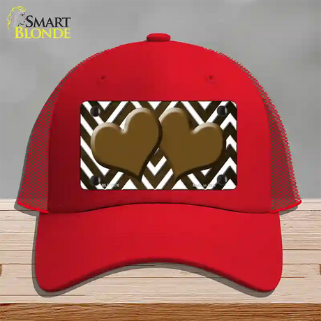 Brown White Hearts Chevron Oil Rubbed Novelty License Plate Hat Mesh / Red