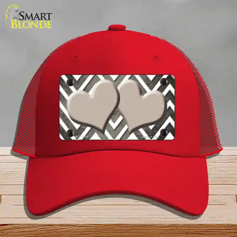 Tan White Hearts Chevron Oil Rubbed Novelty License Plate Hat Mesh / Red