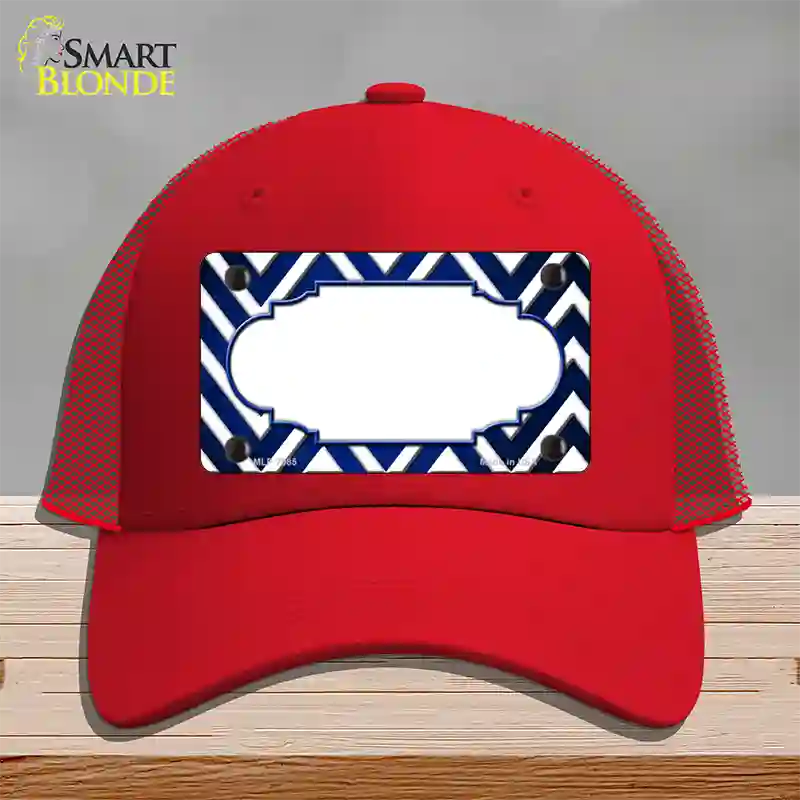 Blue White Chevron Scallop Oil Rubbed Novelty License Plate Hat Mesh / Red