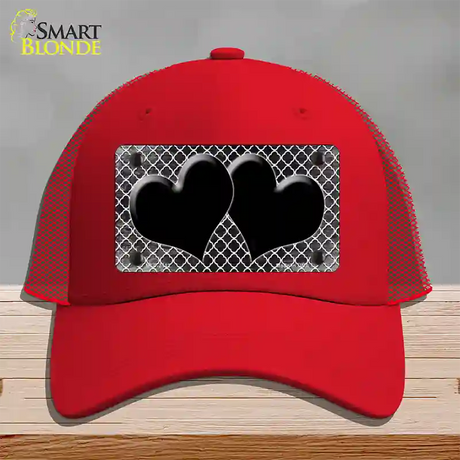 Black White Quatrefoil Hearts Oil Rubbed Novelty License Plate Hat Mesh / Red