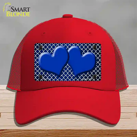 Blue White Quatrefoil Hearts Oil Rubbed Novelty License Plate Hat Mesh / Red