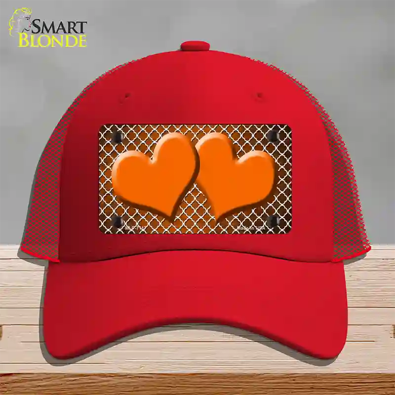 Orange White Quatrefoil Hearts Oil Rubbed Novelty License Plate Hat Mesh / Red