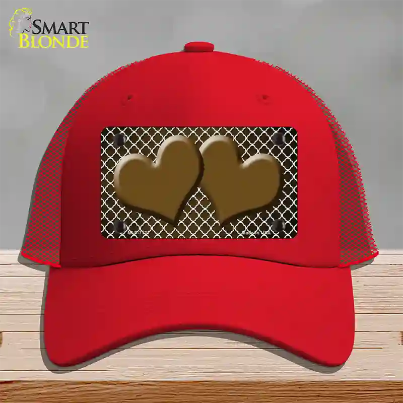 Brown White Quatrefoil Hearts Oil Rubbed Novelty License Plate Hat Mesh / Red