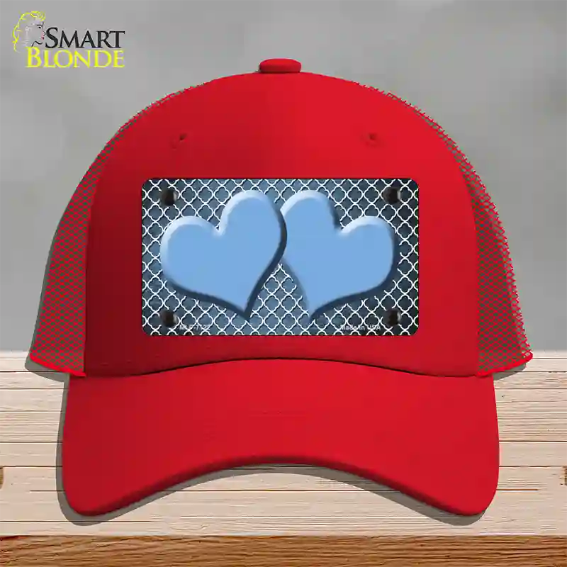 Light Blue White Quatrefoil Hearts Oil Rubbed Novelty License Plate Hat Mesh / Red