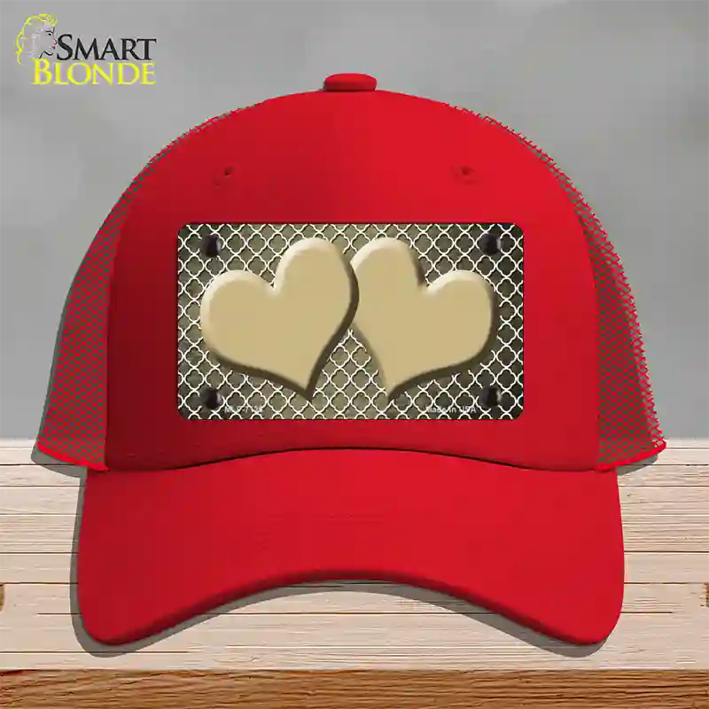 Gold White Quatrefoil Hearts Oil Rubbed Novelty License Plate Hat Mesh / Red