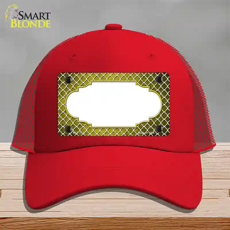 Yellow White Quatrefoil Scallop Oil Rubbed Novelty License Plate Hat Mesh / Red