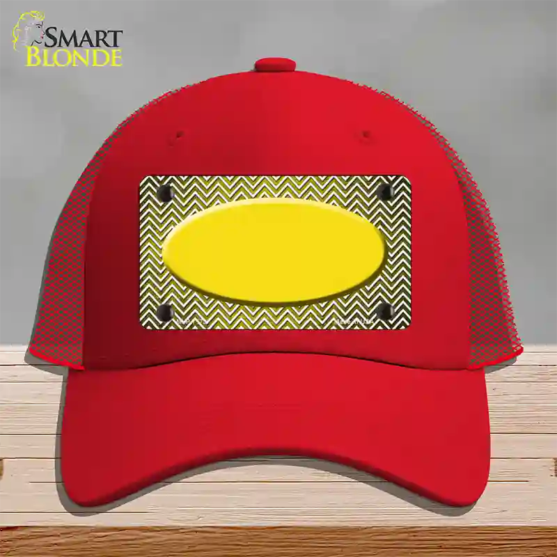 Yellow White Small Chevron Oval Oil Rubbed Novelty License Plate Hat Mesh / Red