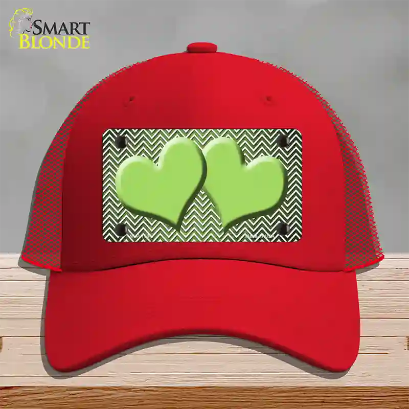 Lime Green White Small Chevron Hearts Oil Rubbed Novelty License Plate Hat Mesh / Red