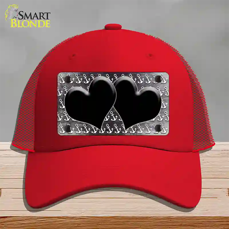 Black White Anchor Hearts Oil Rubbed Novelty License Plate Hat Mesh / Red