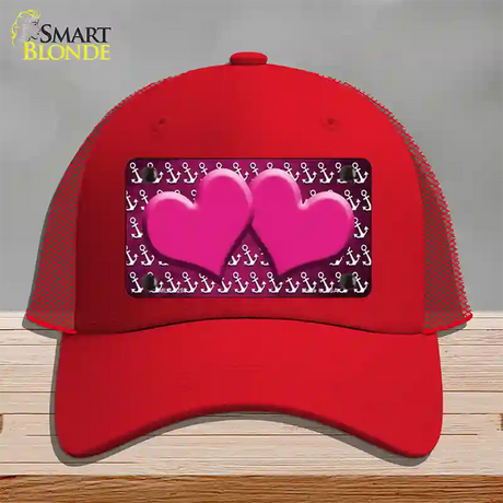 Pink White Anchor Hearts Oil Rubbed Novelty License Plate Hat Mesh / Red