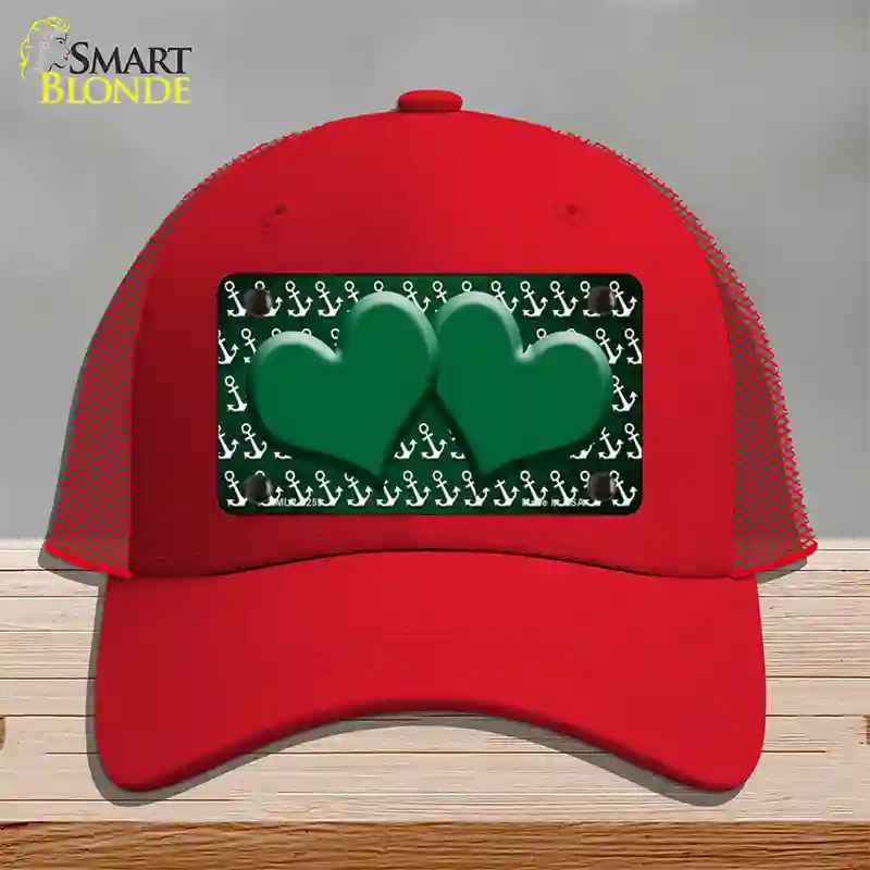 Green White Anchor Hearts Oil Rubbed Novelty License Plate Hat Mesh / Red