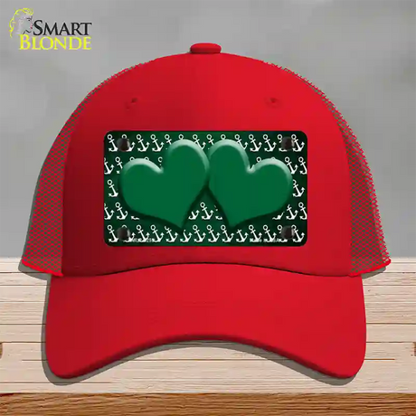 Green White Anchor Hearts Oil Rubbed Novelty License Plate Hat Mesh / Red