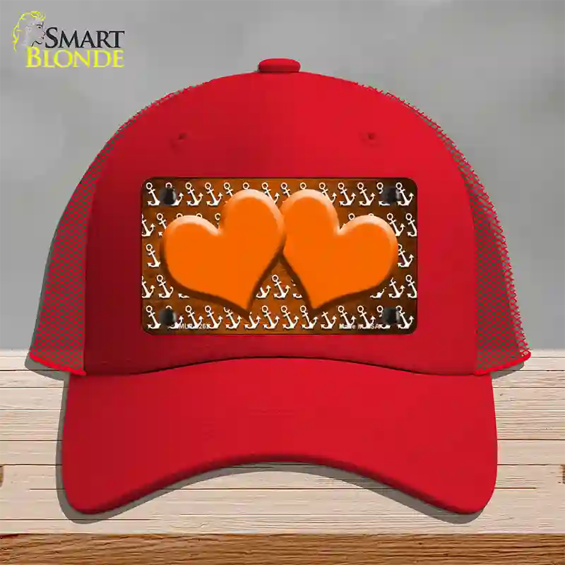 Orange White Anchor Hearts Oil Rubbed Novelty License Plate Hat Mesh / Red