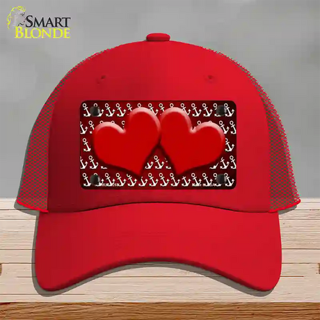 Red White Anchor Hearts Oil Rubbed Novelty License Plate Hat Mesh / Red