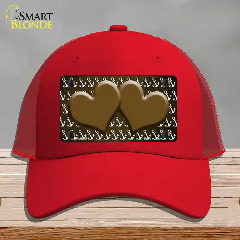 Brown White Anchor Hearts Oil Rubbed Novelty License Plate Hat Mesh / Red