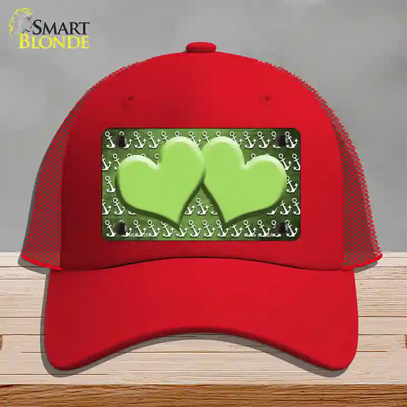 Lime Green White Anchor Hearts Oil Rubbed Novelty License Plate Hat Mesh / Red