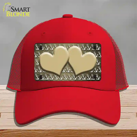 Gold White Anchor Hearts Oil Rubbed Novelty License Plate Hat Mesh / Red