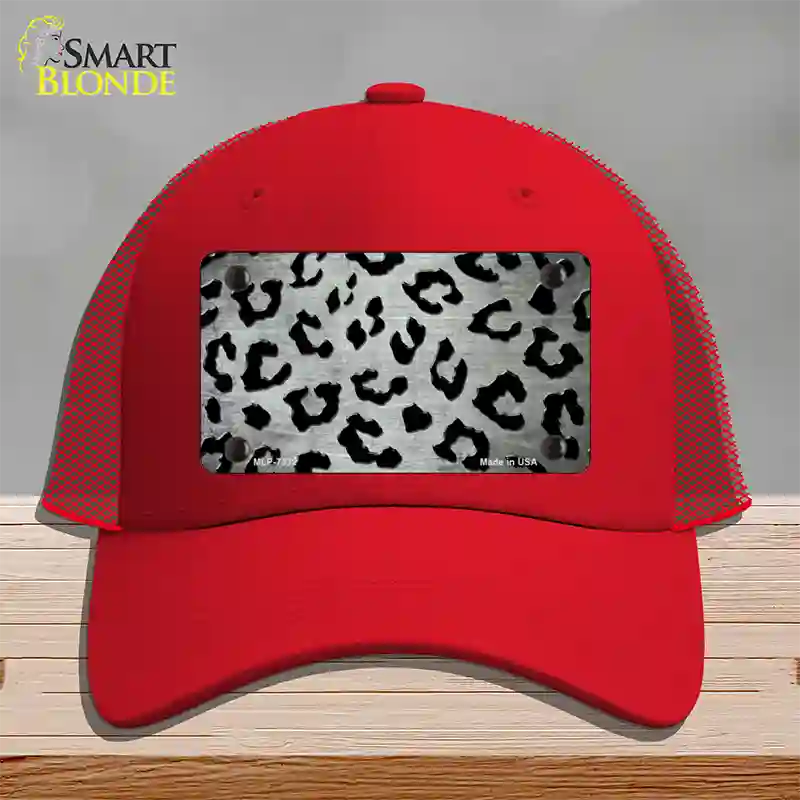 White Black Cheetah Oil Rubbed Novelty License Plate Hat Mesh / Red