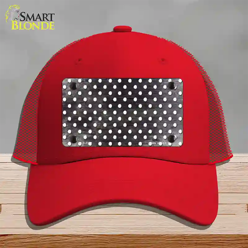 Black White Small Dots Oil Rubbed Novelty License Plate Hat Mesh / Red