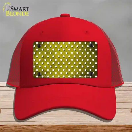 Yellow White Small Dots Oil Rubbed Novelty License Plate Hat Mesh / Red