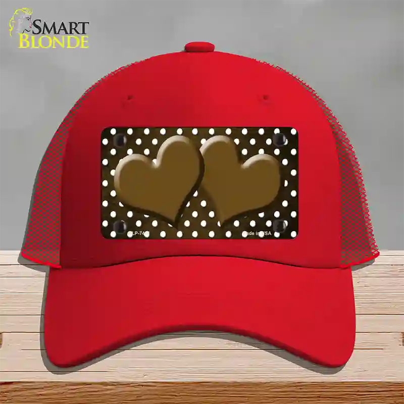 Brown White Small Dots Hearts Oil Rubbed Novelty License Plate Hat Mesh / Red