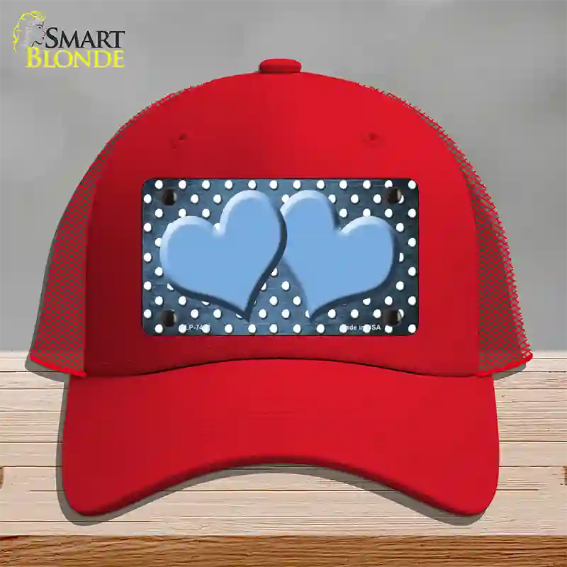 Light Blue White Small Dots Hearts Oil Rubbed Novelty License Plate Hat Mesh / Red