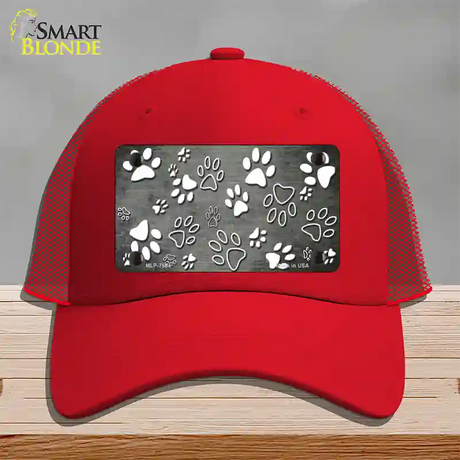 Gray White Paw Oil Rubbed Novelty License Plate Hat Mesh / Red