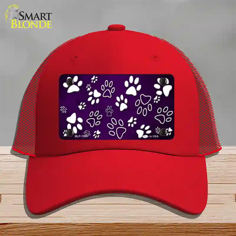 Purple White Paw Oil Rubbed Novelty License Plate Hat Mesh / Red