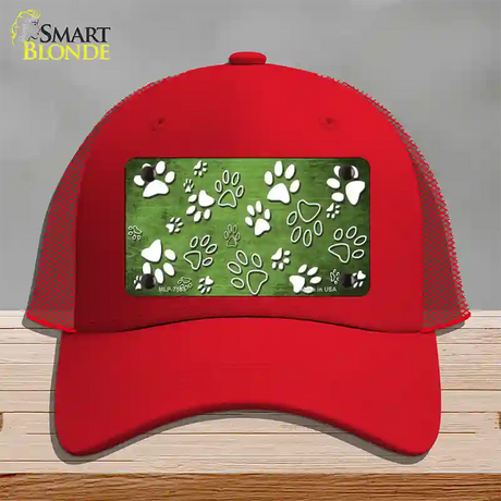 Lime Green White Paw Oil Rubbed Novelty License Plate Hat Mesh / Red