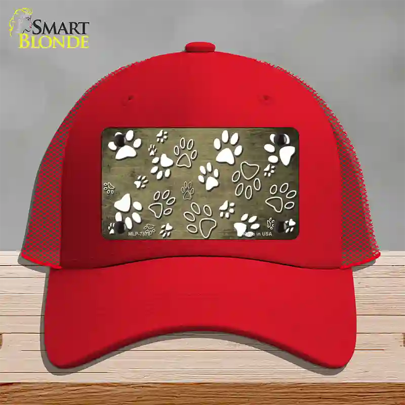 Gold White Paw Oil Rubbed Novelty License Plate Hat Mesh / Red