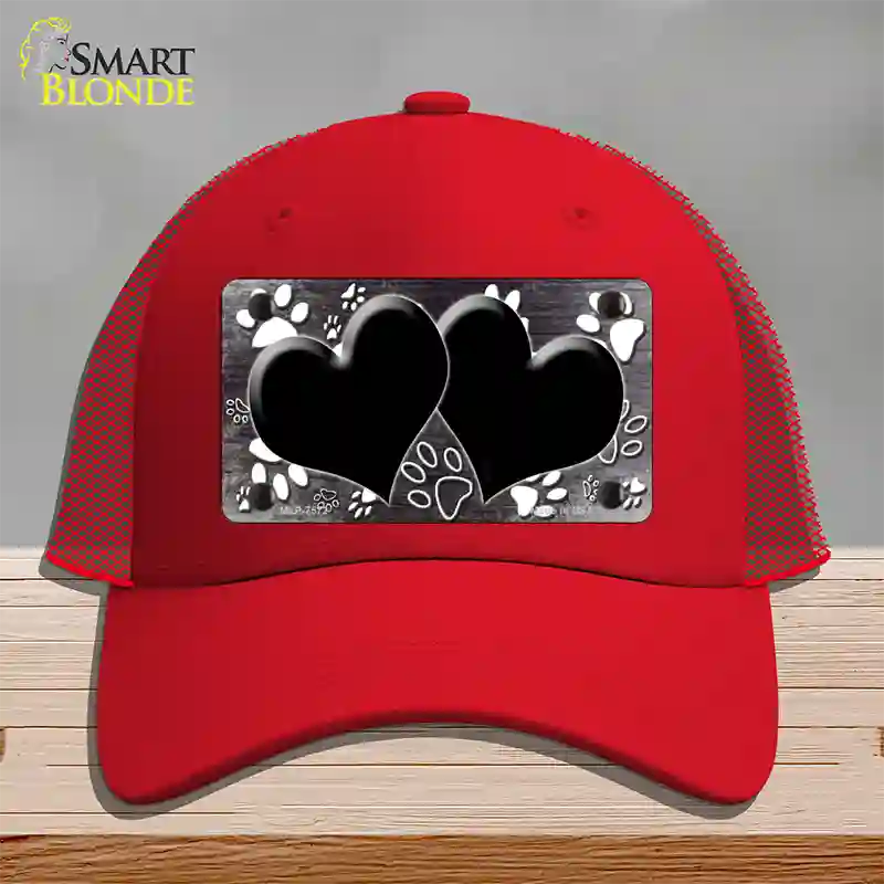 Paw Heart Black White Novelty License Plate Hat Mesh / Red