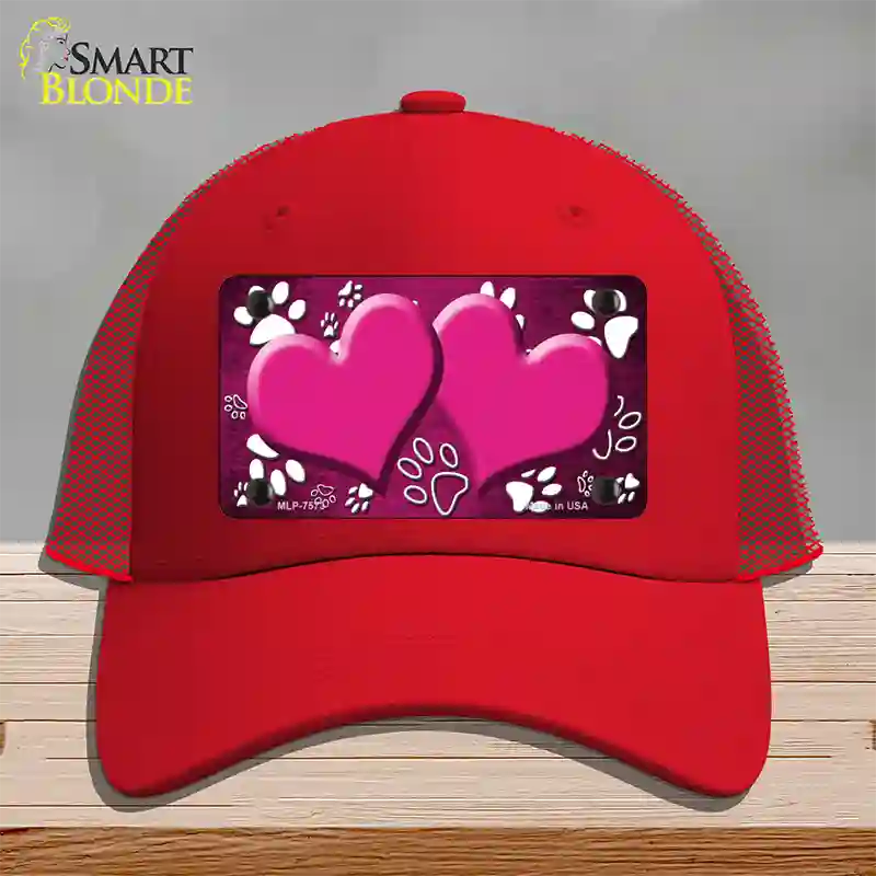 Paw Heart Pink White Novelty License Plate Hat Mesh / Red