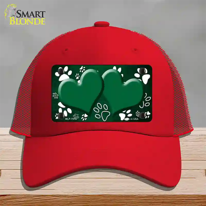 Paw Heart Green White Novelty License Plate Hat Mesh / Red