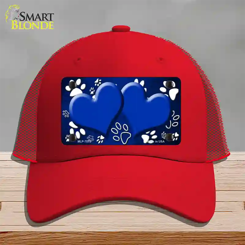 Paw Heart Blue White Novelty License Plate Hat Mesh / Red