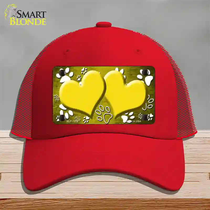 Paw Heart Yellow White Novelty License Plate Hat Mesh / Red