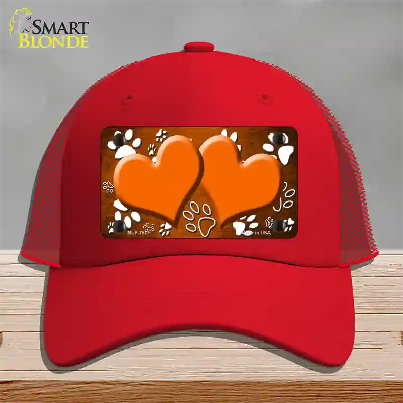 Paw Heart Orange White Novelty License Plate Hat Mesh / Red