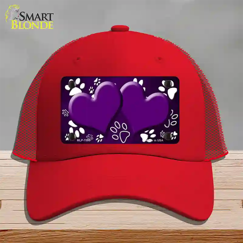 Paw Heart Purple White Novelty License Plate Hat Mesh / Red