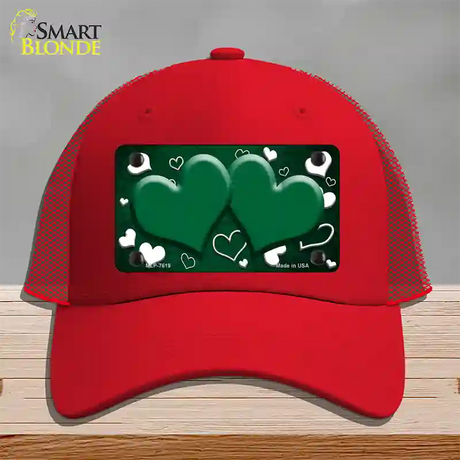 Green White Love Hearts Oil Rubbed Novelty License Plate Hat Mesh / Red