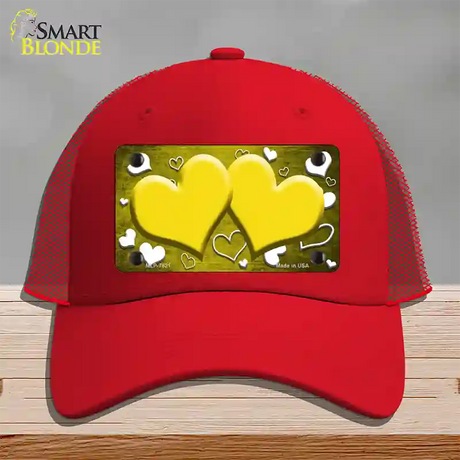 Yellow White Love Hearts Oil Rubbed Novelty License Plate Hat Mesh / Red