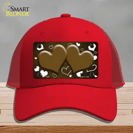 Brown White Love Hearts Oil Rubbed Novelty License Plate Hat Mesh / Red