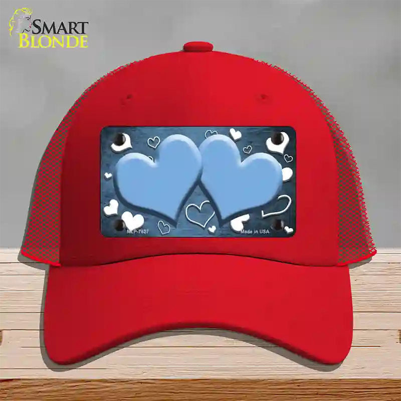 Light Blue White Love Hearts Oil Rubbed Novelty License Plate Hat Mesh / Red