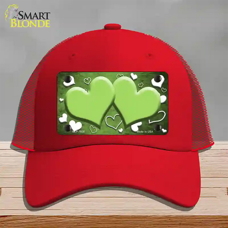 Lime Green White Love Hearts Oil Rubbed Novelty License Plate Hat Mesh / Red