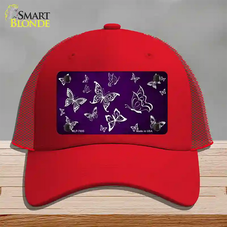 Purple White Butterfly Oil Rubbed Novelty License Plate Hat Mesh / Red