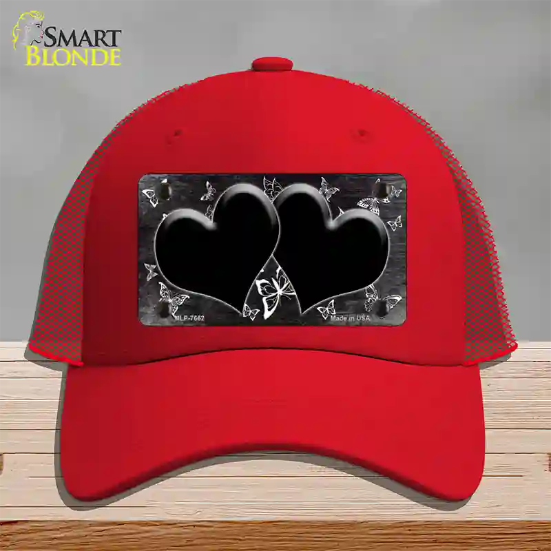 Black White Hearts Butterfly Oil Rubbed Novelty License Plate Hat Mesh / Red