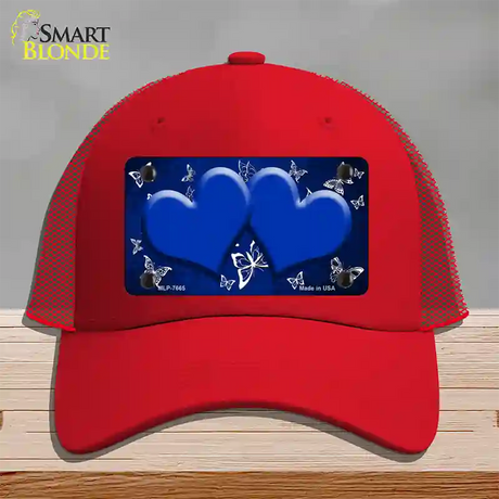 Blue White Hearts Butterfly Oil Rubbed Novelty License Plate Hat Mesh / Red