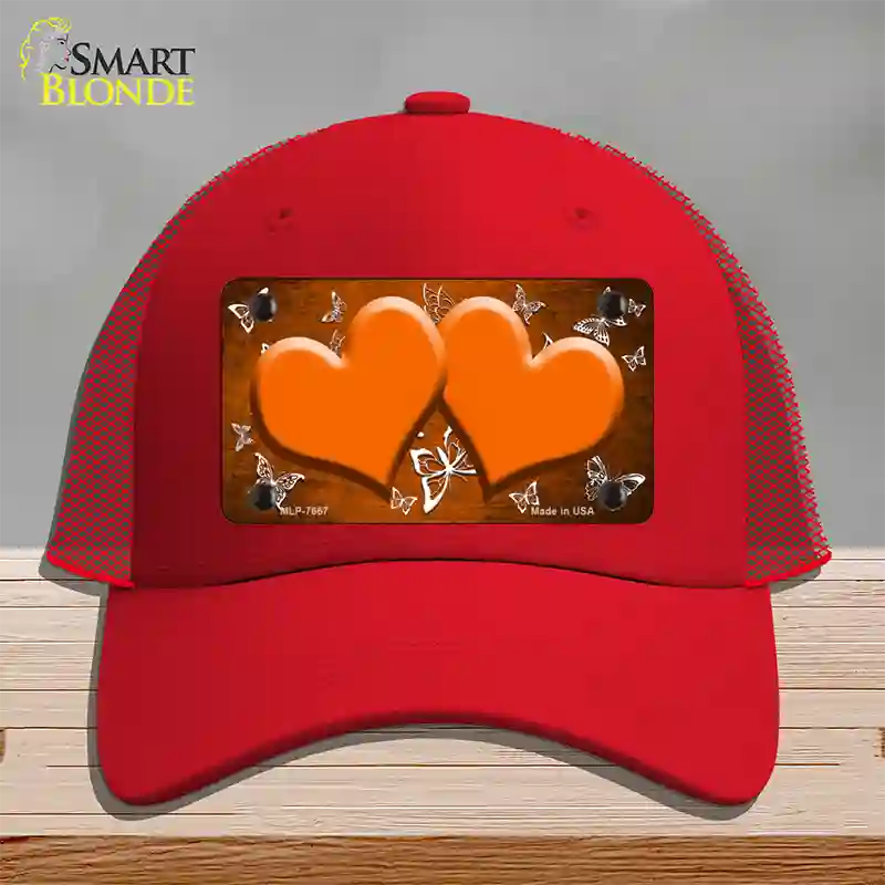 Orange White Hearts Butterfly Oil Rubbed Novelty License Plate Hat Mesh / Red