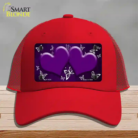 Purple White Hearts Butterfly Oil Rubbed Novelty License Plate Hat Mesh / Red