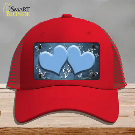 Light Blue White Hearts Butterfly Oil Rubbed Novelty License Plate Hat Mesh / Red